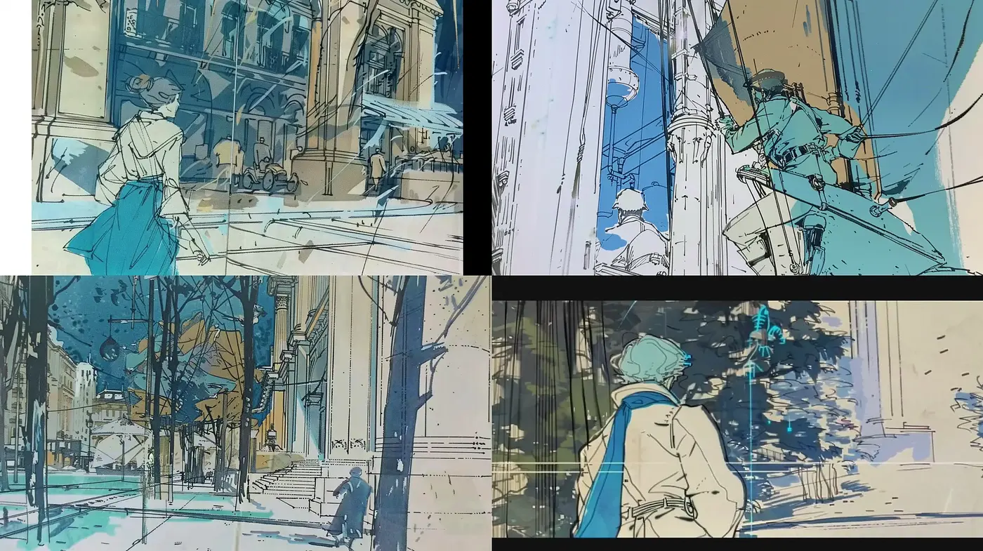Ethereal Urban Sketches with Dynamic Strokes and Muted Tones - Midjourney sref style