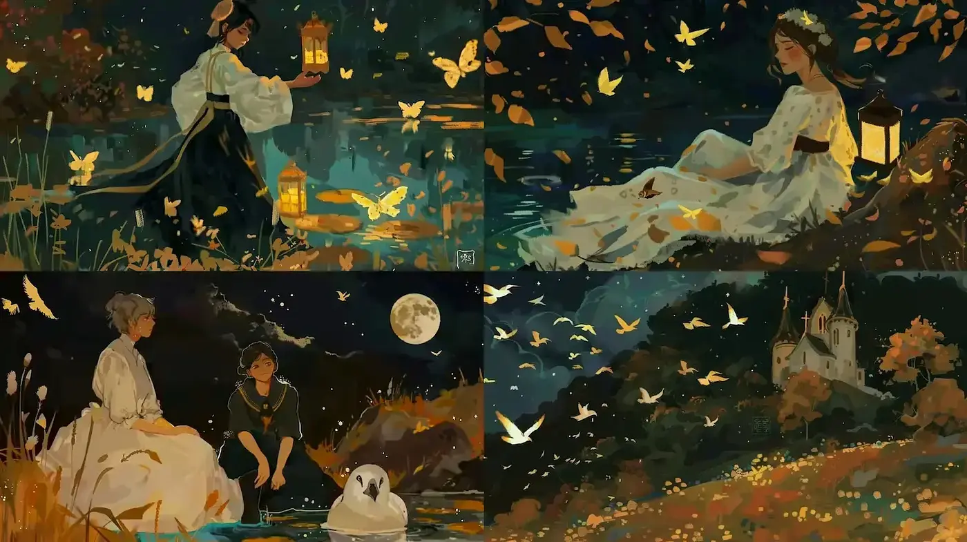 Whimsical and Enchanting Night Landscapes with Ethereal Elements - Midjourney sref style