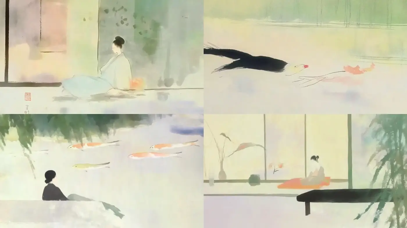 Serene Watercolor Dreamscape Reflecting East Asian Artistic Sensibilities - Midjourney sref style