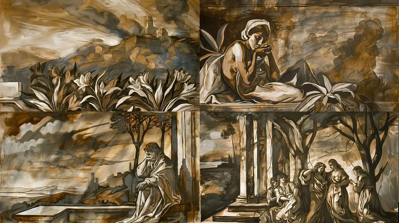 Ethereal Sepia-Toned Visions of Classical Antiquity - Midjourney sref style