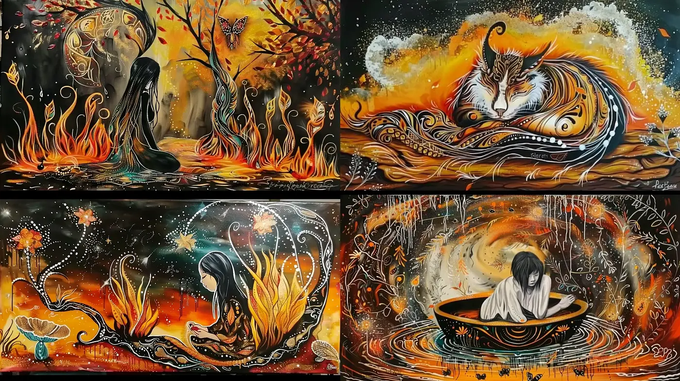 Whimsical Firelit Dreamscape in Opulent Hues - Midjourney sref style