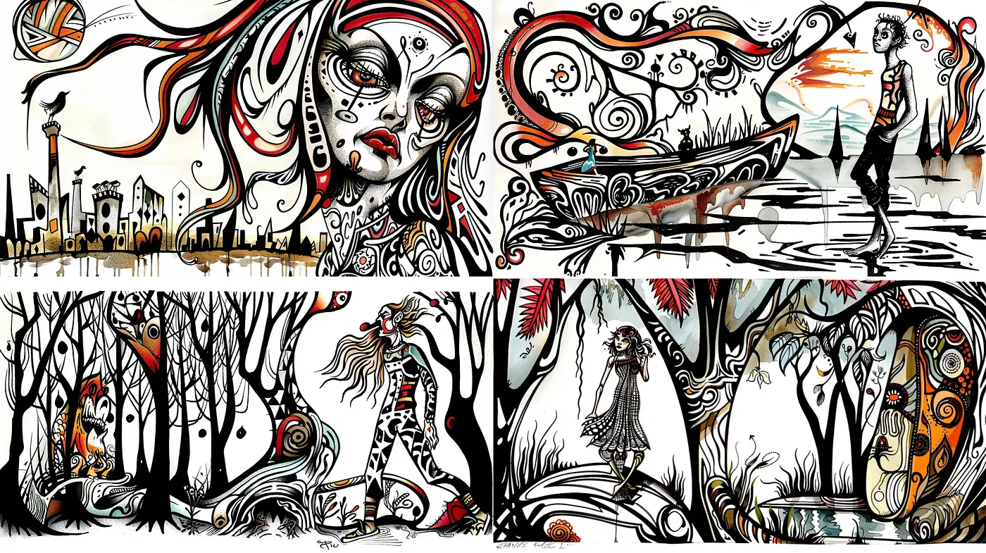 Whimsical Noir Fantasia: A Fusion of Psychedelic Illustration and Street Art - Midjourney sref style