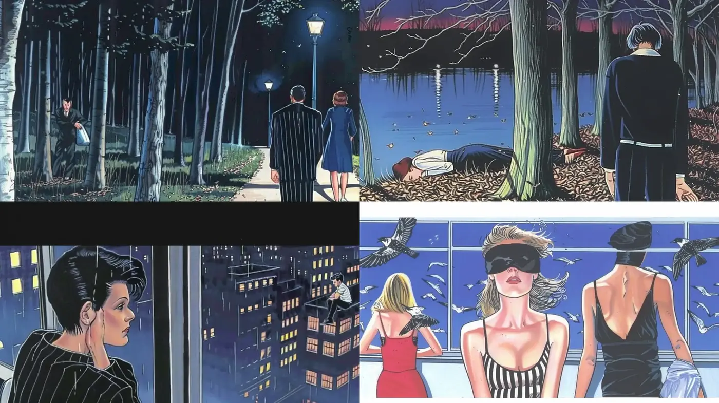 Nocturnal Enchantment: A Synthesis of Anime and Noir Under Moonlit Silhouettes - Midjourney sref style