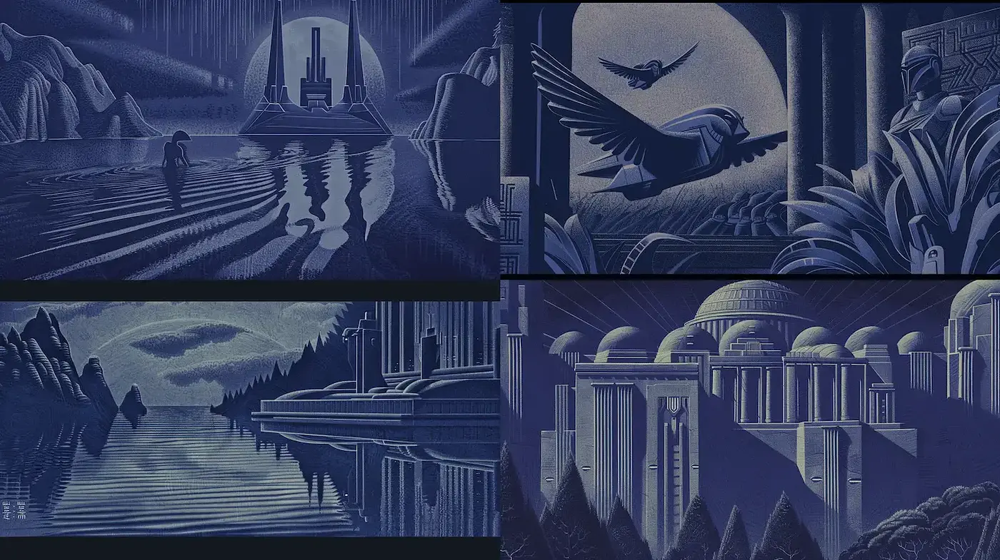 Futuristic Art Deco Landscape Illustrations with a Mysterious Atmosphere - Midjourney sref style