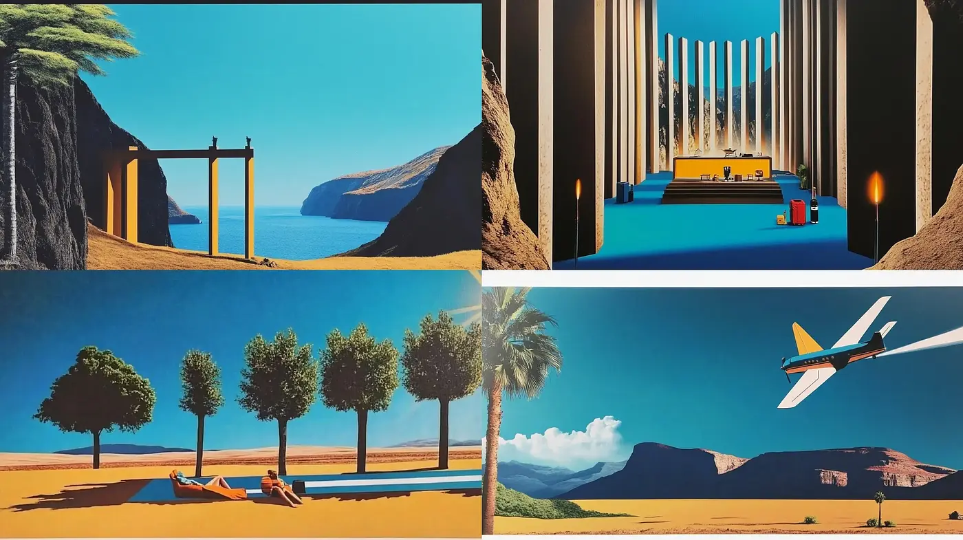 Surreal Desert Mirage with Retro-Futuristic Overtones - Midjourney sref style