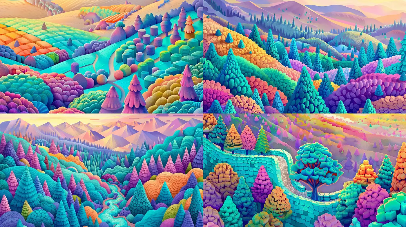 Surreal Vibrancy in Stylized Landscapes - Midjourney sref style