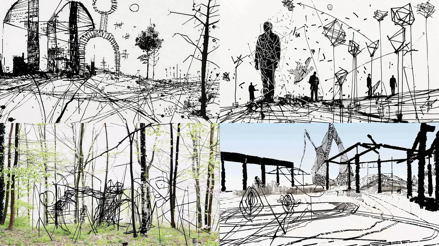 Synthetic Sketches of Surreal Landscapes: A Consistent Cross-Hatched Legacy - Midjourney sref style