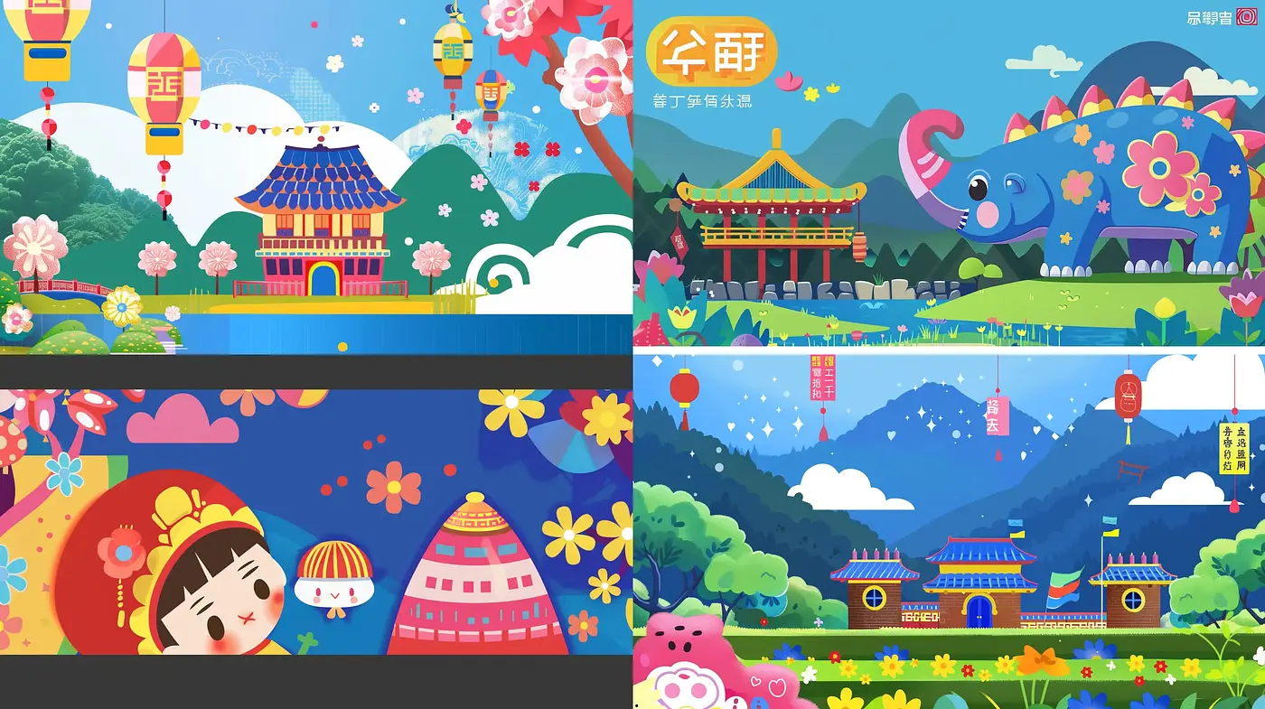 Whimsical Harmony of Festive Hues in a Contemporary Illustrative Panorama - Midjourney sref style