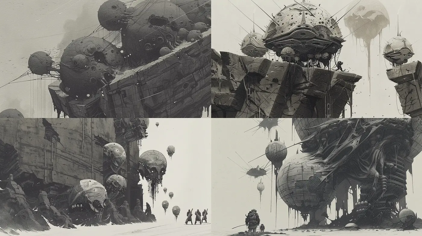 Monochromatic Dystopian Dreamscape - Midjourney sref style