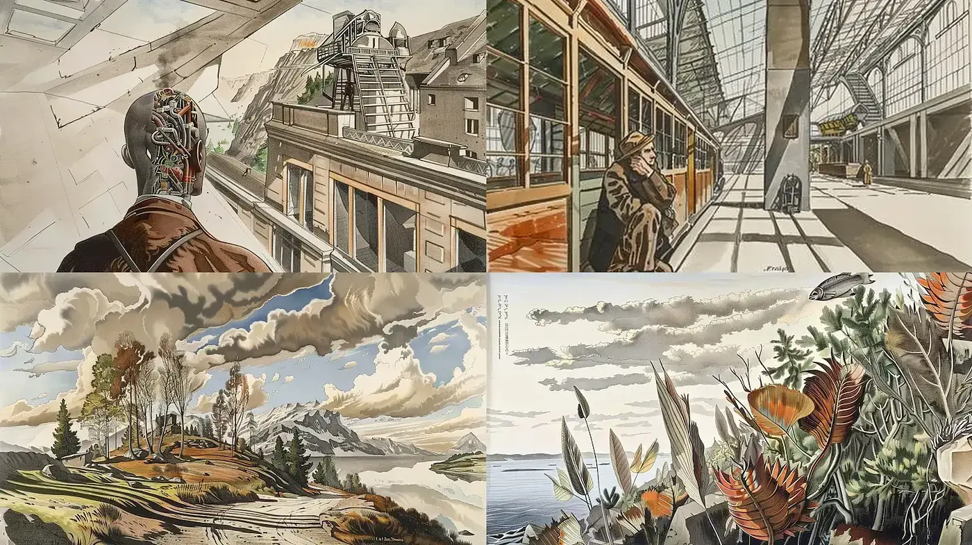 Explorative Futurism with Natural Influences in a Surreal Setting - Midjourney sref style