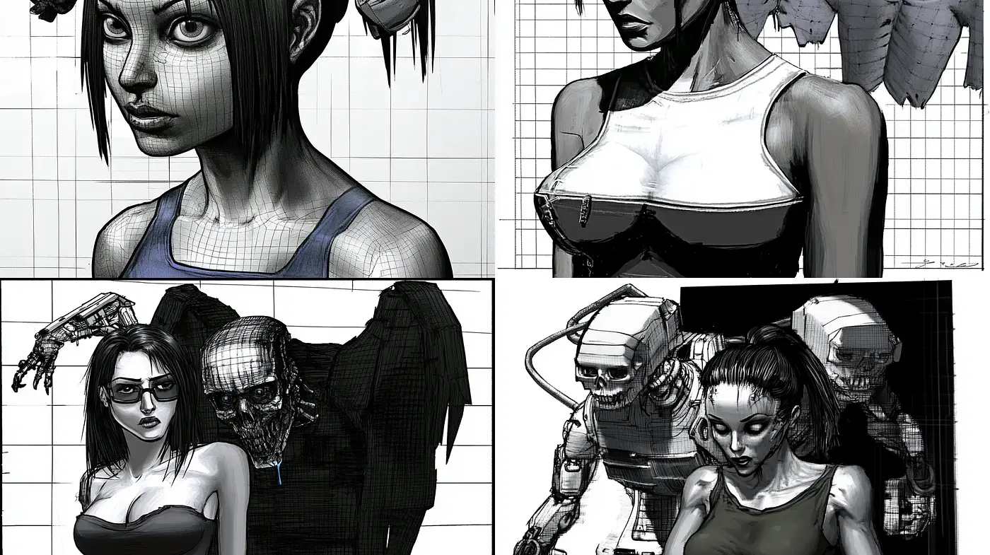 Monochromatic Cybernetic Dreamscape with a Graphic Novel Aesthetic - Midjourney sref style