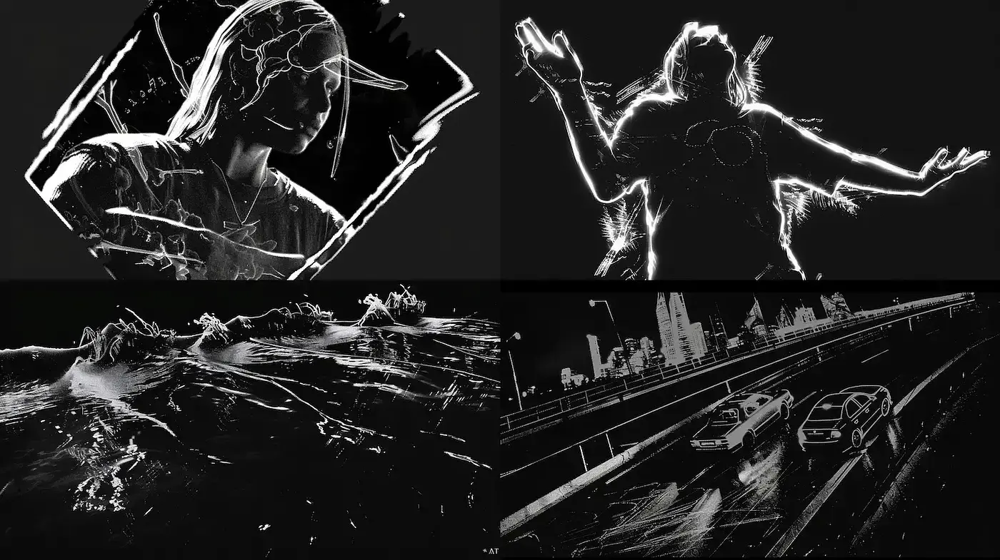 Dynamic monochromatic expressionism with abstract elements - Midjourney sref style