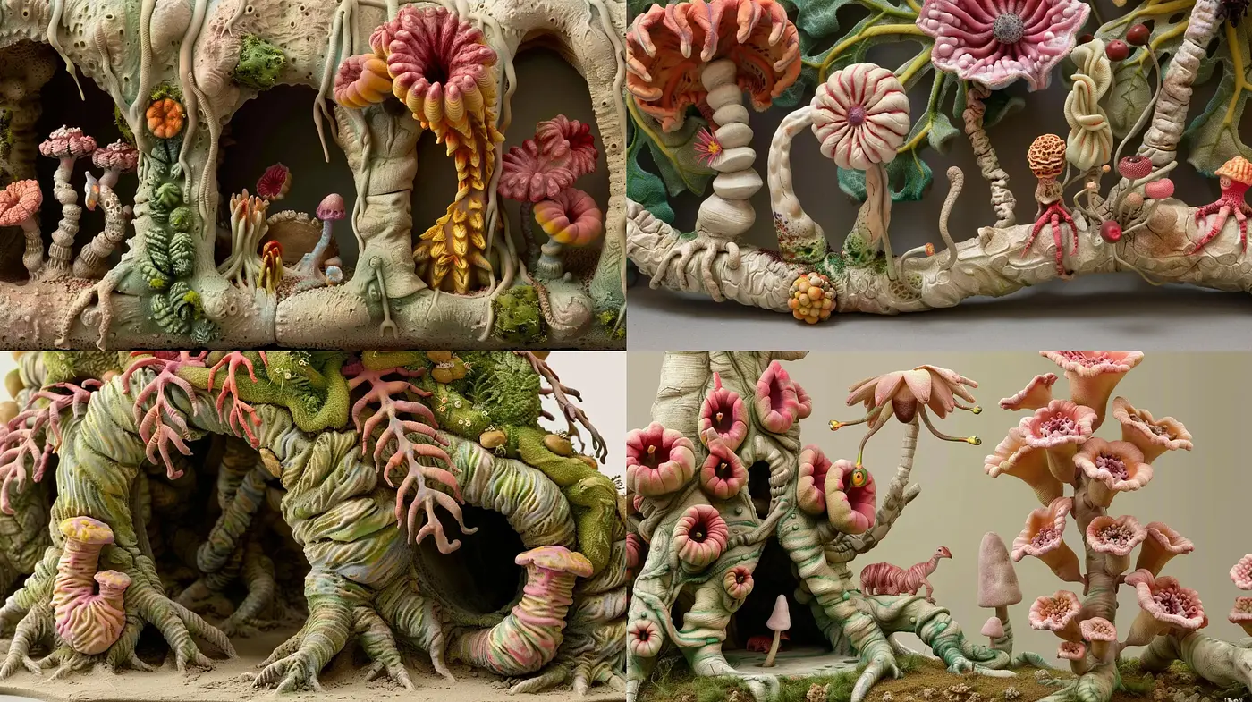 Whimsical Botanical Dreamscape: A Fusion of Organic Forms and Pastel Earth Tones - Midjourney sref style