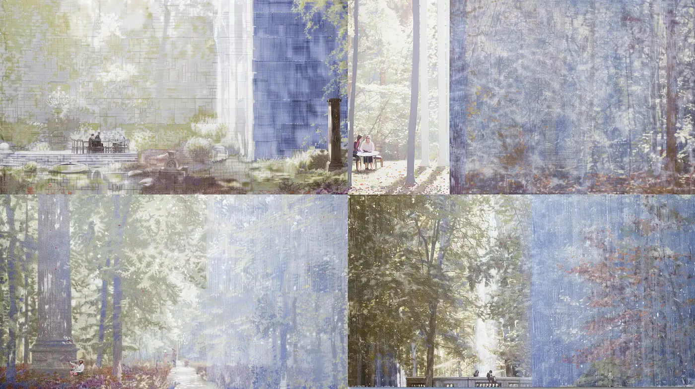 Ethereal Urban Woodland Fusion with Canvas Texture - Midjourney sref style