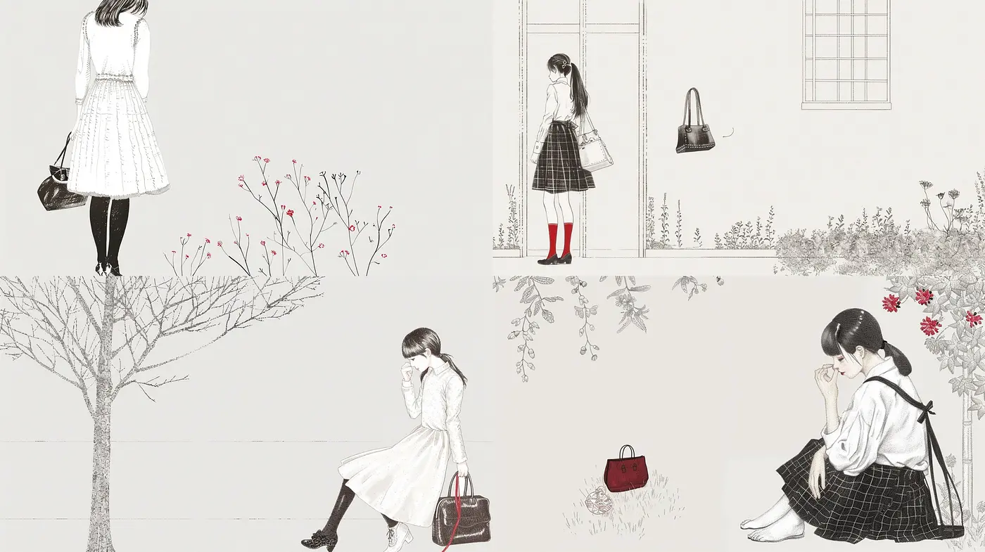 Monochromatic Elegance with a Touch of Red: An Exploration of Simplified Beauty and Subtle Emotion - Midjourney sref style
