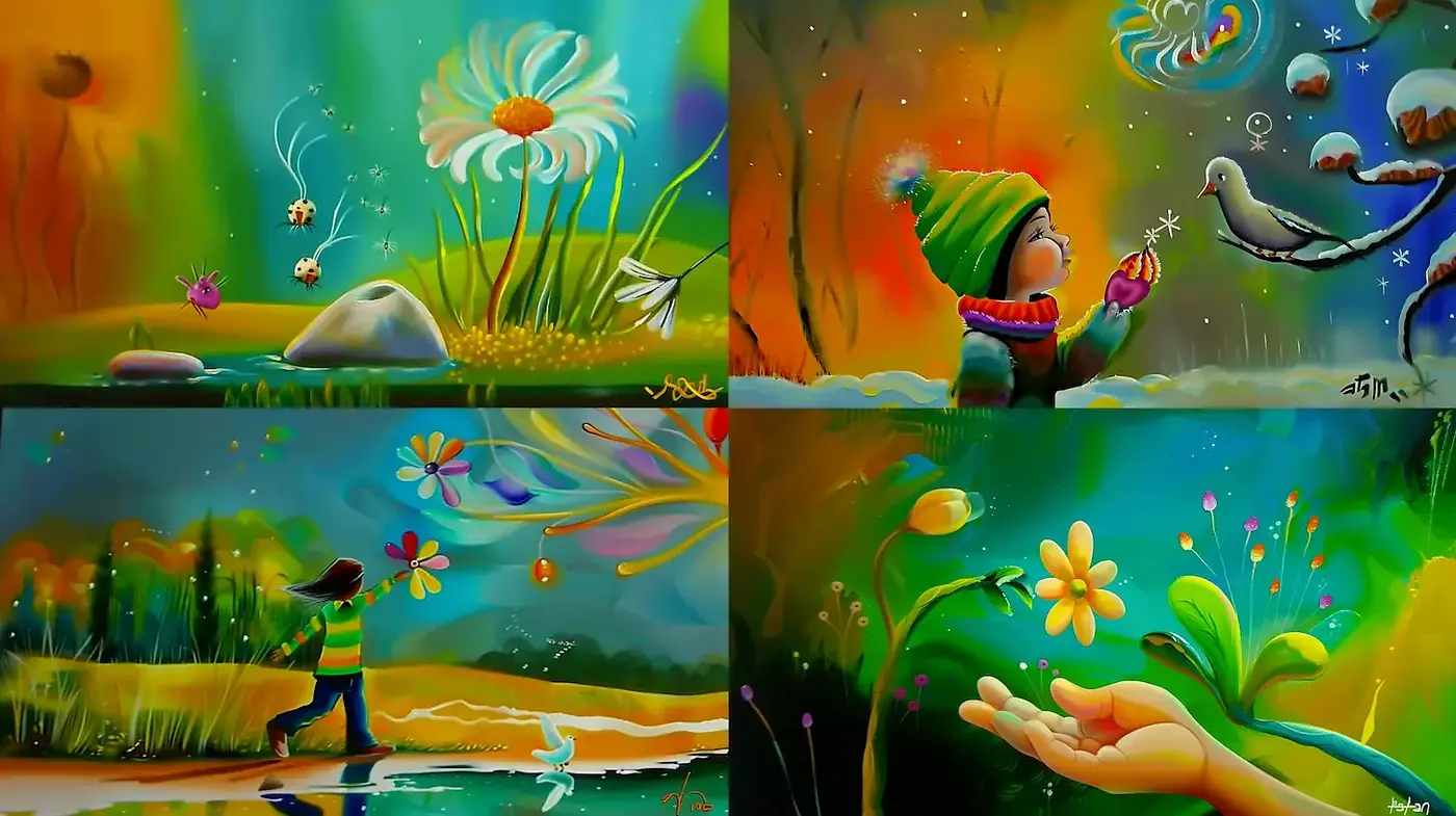 Vibrant and whimsical illustration style with nature themes - Midjourney sref style