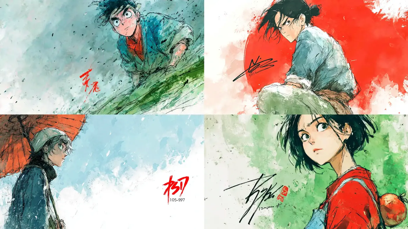 Dynamic and expressive anime-inspired illustrations with watercolor textures - Midjourney sref style