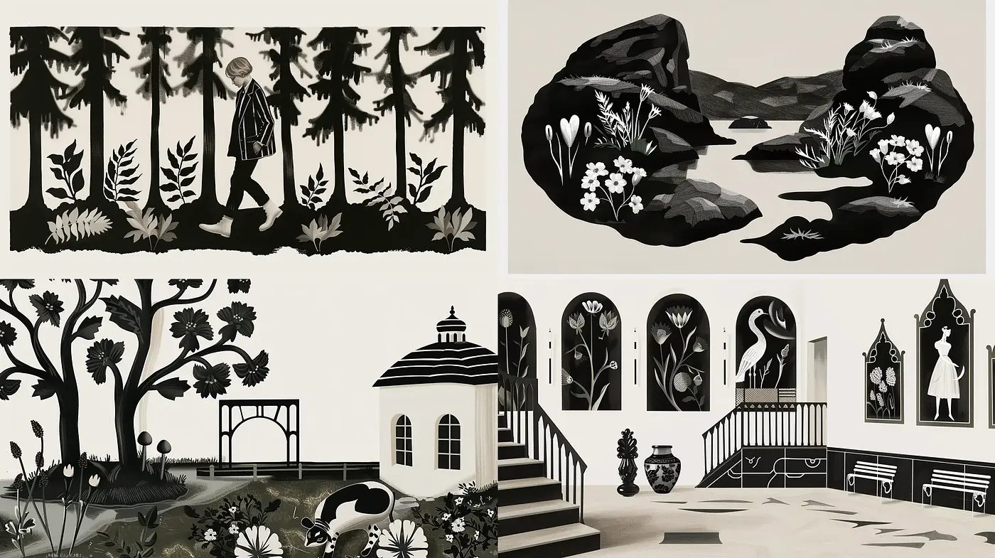 Monochromatic Homage to Silhouetted Elegance and Architectural Stillness - Midjourney sref style