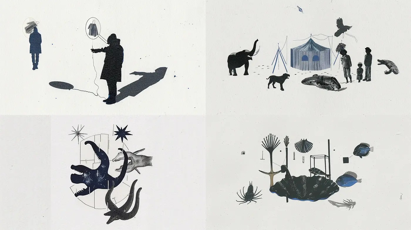 Silhouetted Figures and Natural Elements with a Monochromatic Dreamscape Appeal - Midjourney sref style