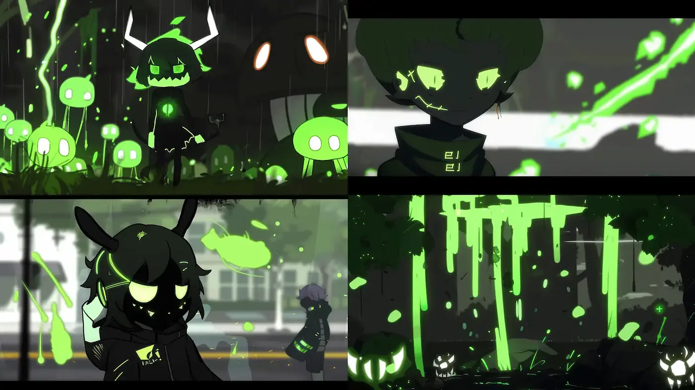 Dark whimsical fantasy with a neon twist - Midjourney sref style