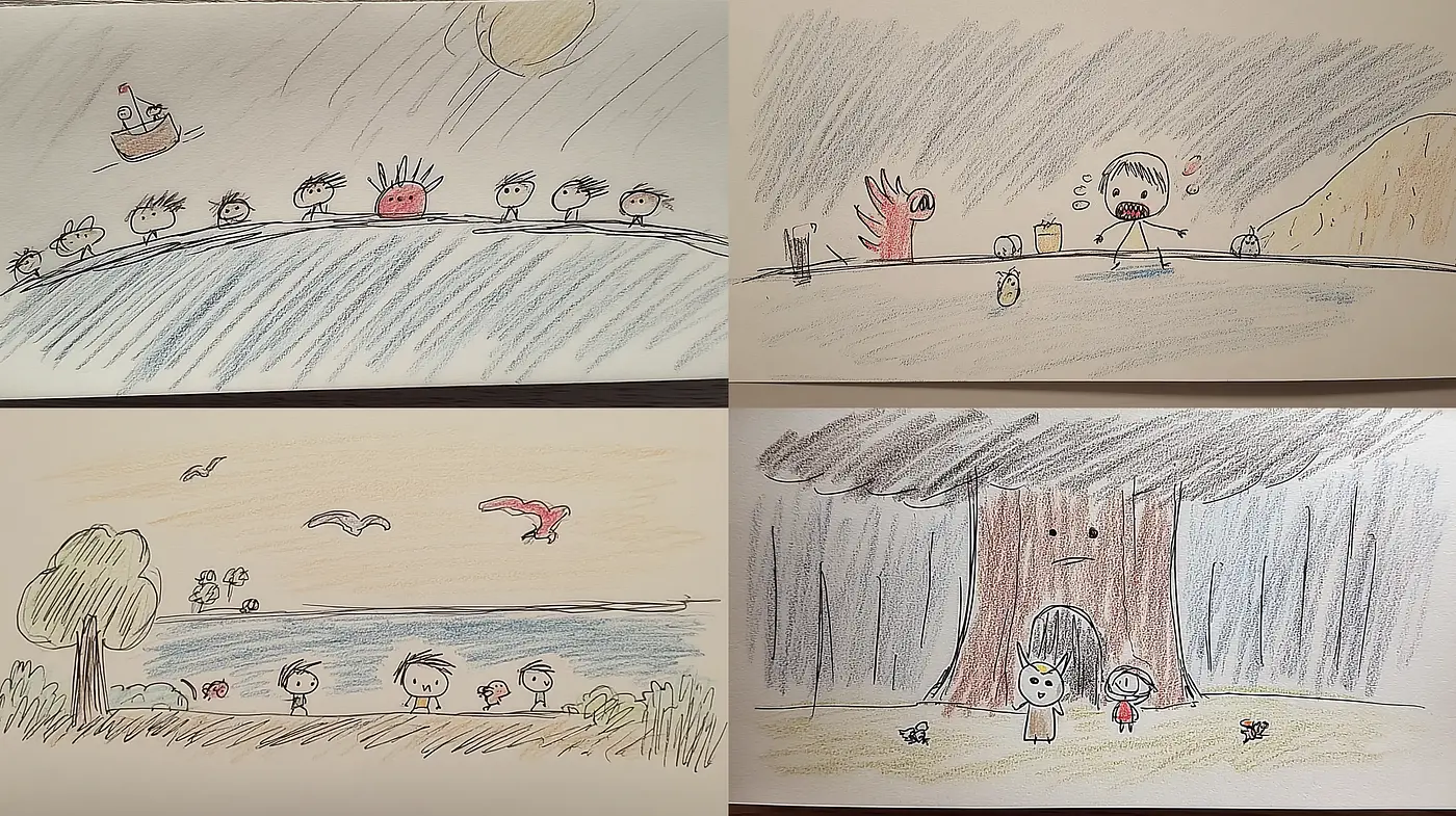 Whimsical Narrative in Crayon-like Sketches with Childlike Charm - Midjourney sref style