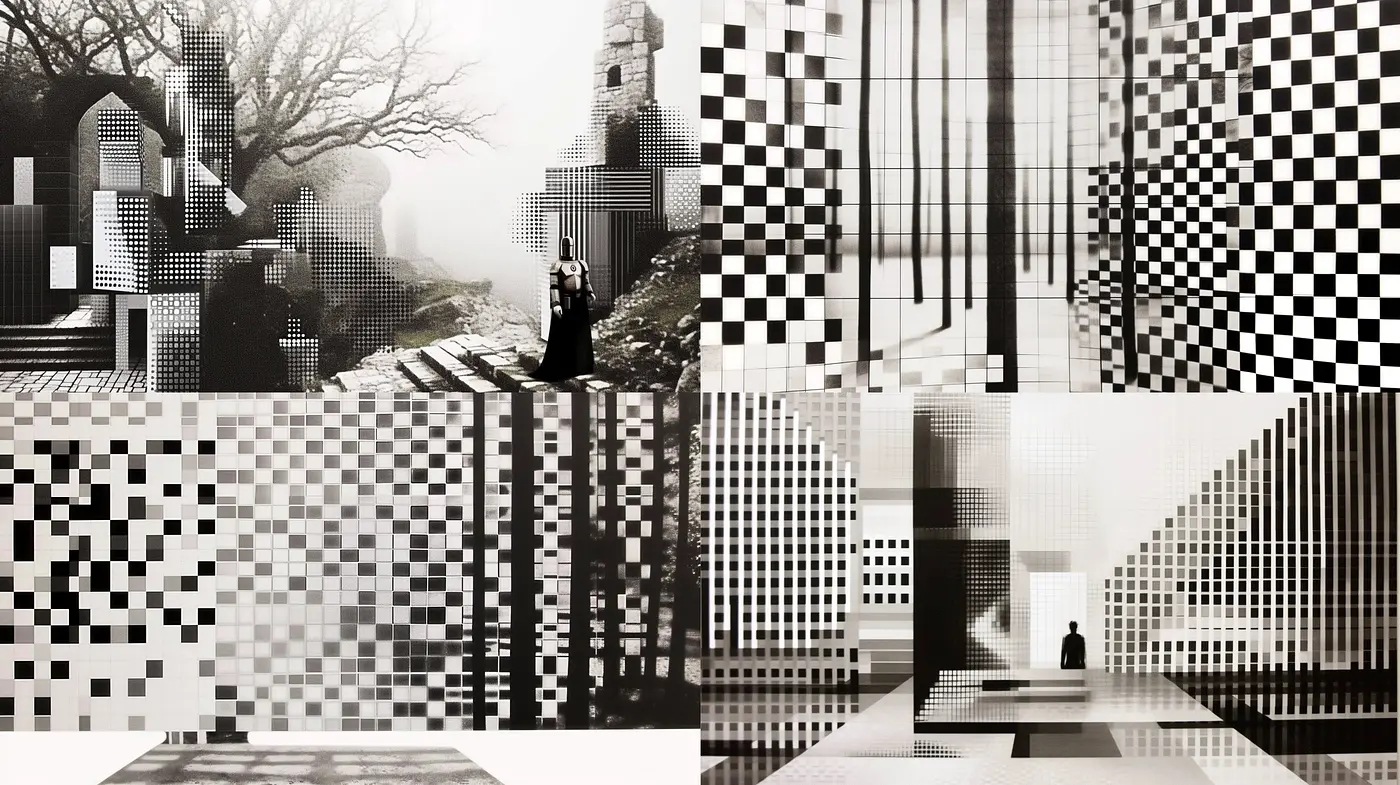 Monochromatic Mosaic Reality – A Study in Checkered Perspectives and Surrealist Influence - Midjourney sref style