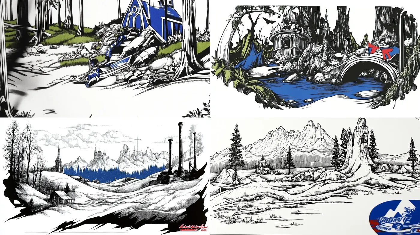 Stylized Monochrome Landscapes with Color Accents and Dynamic Contours Inspired by Graphic Illustrations - Midjourney sref style