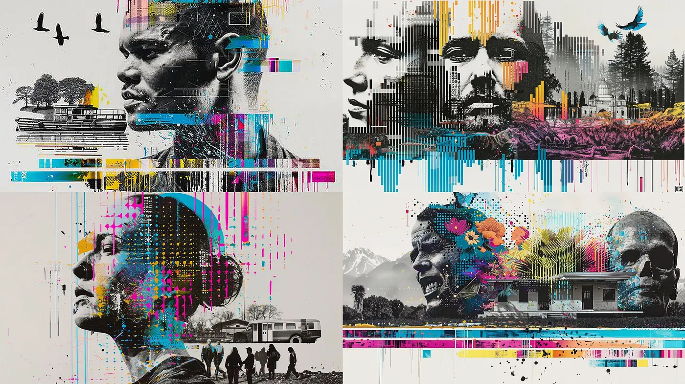 Abstract Digital Fusion Portraiture with Urban and Natural Themes - Midjourney sref style