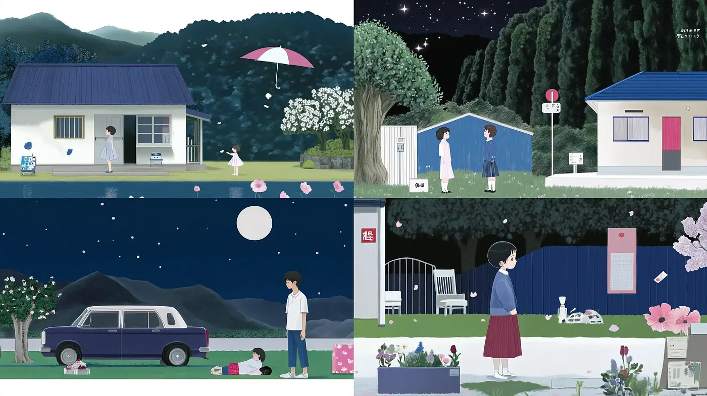 Tranquil Nights and Solitary Figures: A Serene Homage to Japanese Anime Storytelling - Midjourney sref style