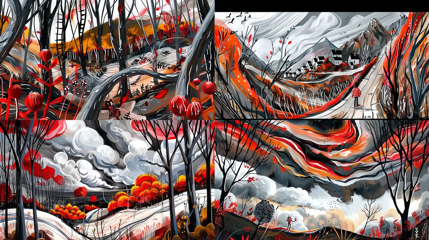Bold and Expressive Landscape Art with Dynamic Textures - Midjourney sref style