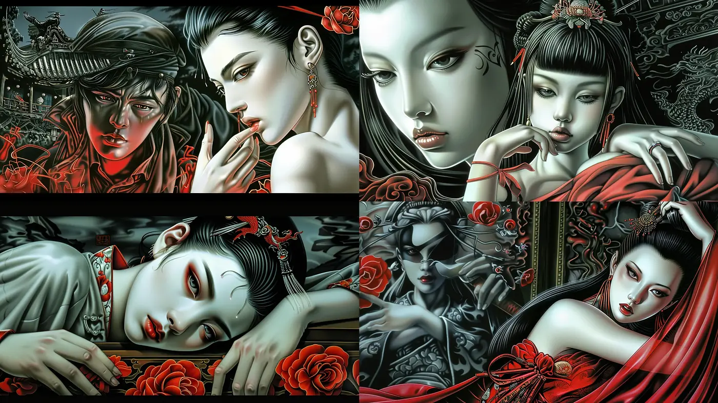 Ethereal Gothic Elegance: A Fusion of Dark Romanticism and Asian Influence - Midjourney sref style