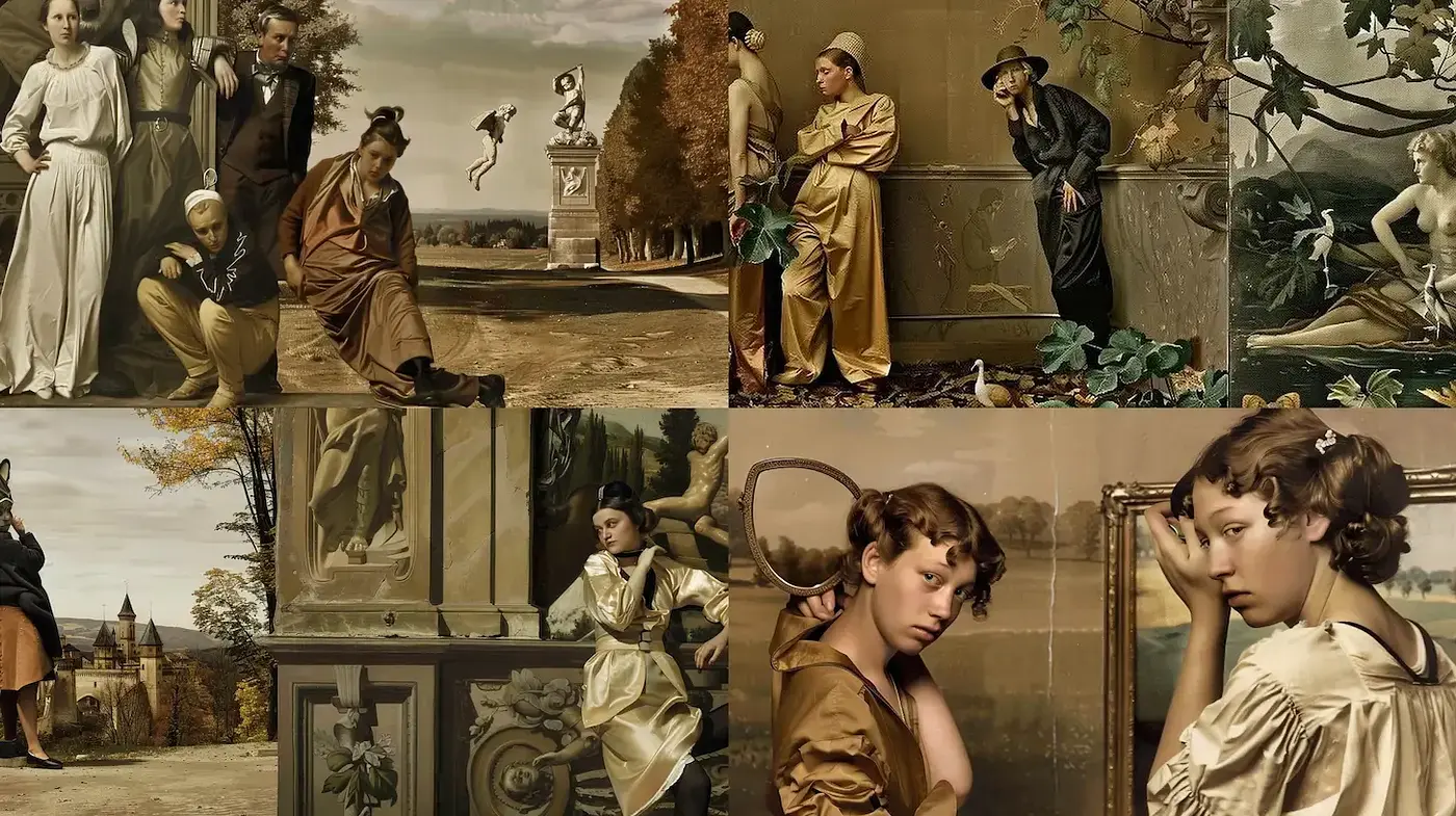 Classic portraiture with elements of surrealism and vintage aesthetics - Midjourney sref style