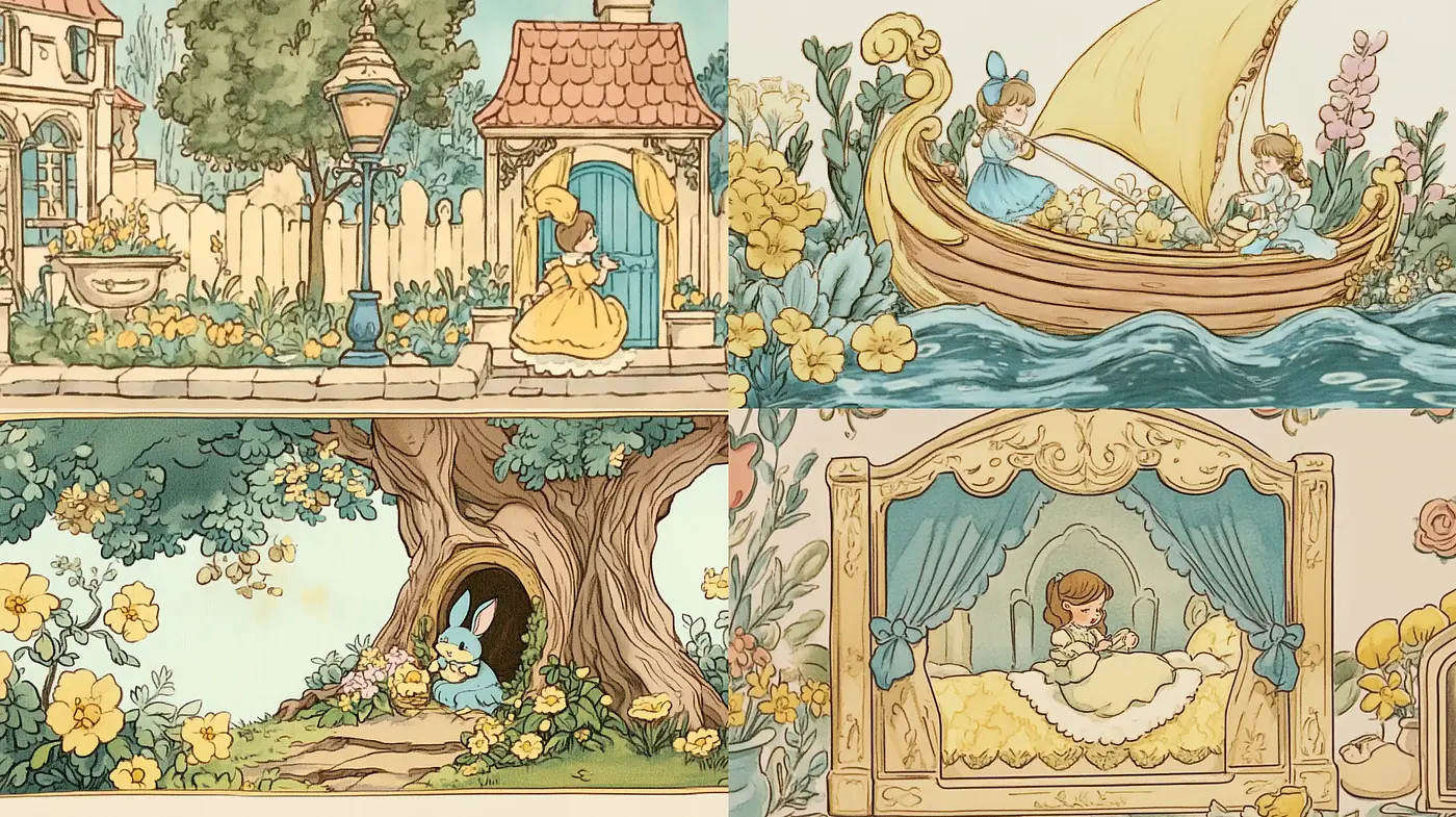 Whimsical Storybook Illustrations with Pastel Storytelling - Midjourney sref style
