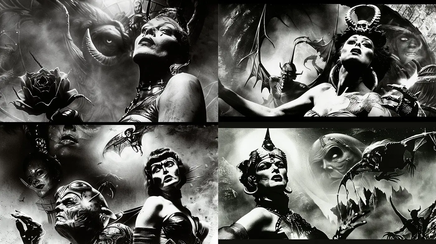 Monochromatic Mythos: A Fusion of Gothic Elegance and Primordial Darkness - Midjourney sref style