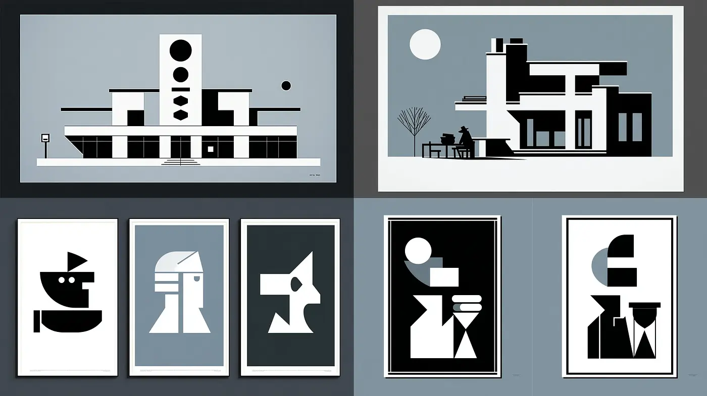 Stylized geometric compositions with a modernist aesthetic - Midjourney sref style