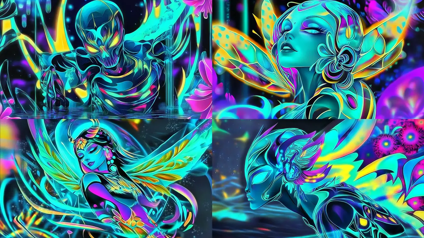 Neon Ethereal Dreamscape: A Fusion of Psychedelia and Fantasia - Midjourney sref style