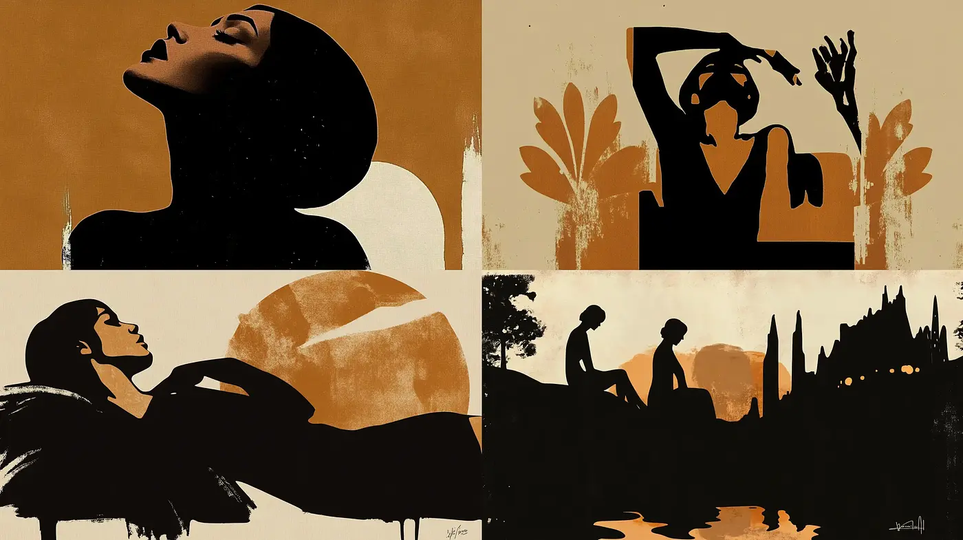 Silhouetted Forms and Sepia Shades: A Vintage-Inspired Visual Consistency - Midjourney sref style