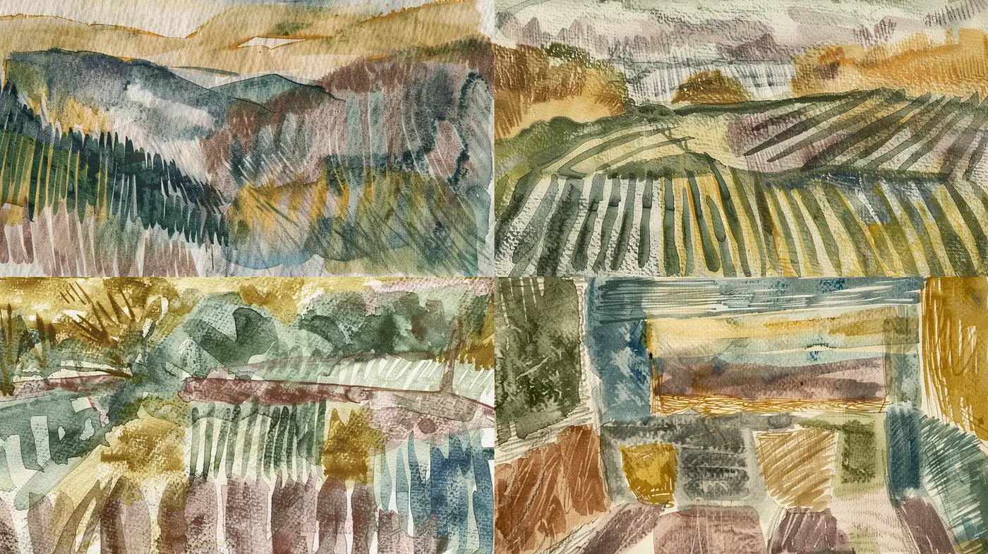 Rustic Textured Landscape Interpretations in Earthy Tones - Midjourney sref style