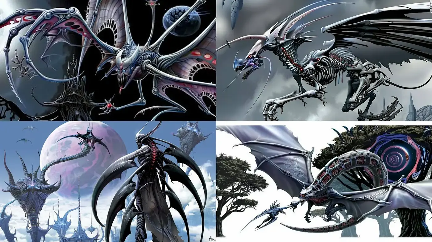 Futuristic, mechanical fantasy creatures with a dark, otherworldly aesthetic - Midjourney sref style