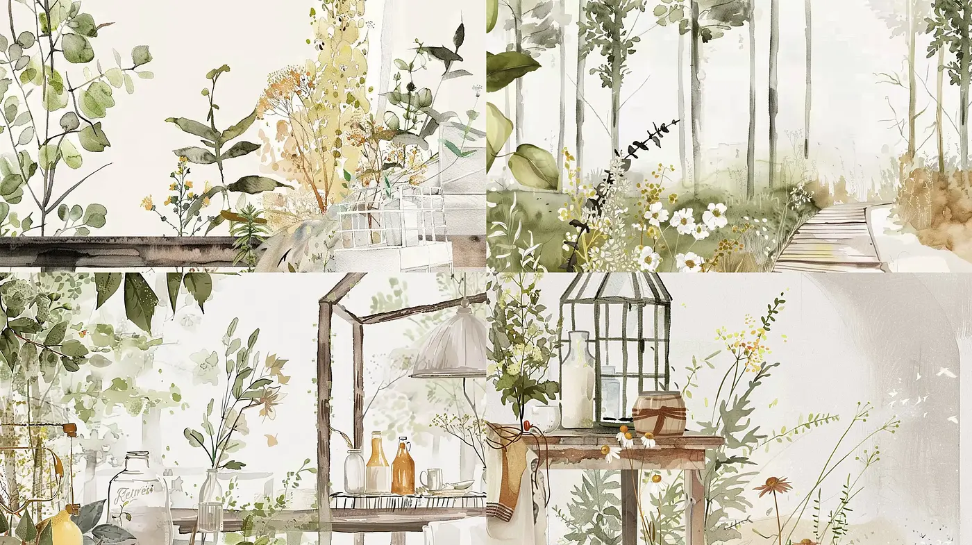 Serene Watercolor Botanicals with a Whimsical Charm - Midjourney sref style