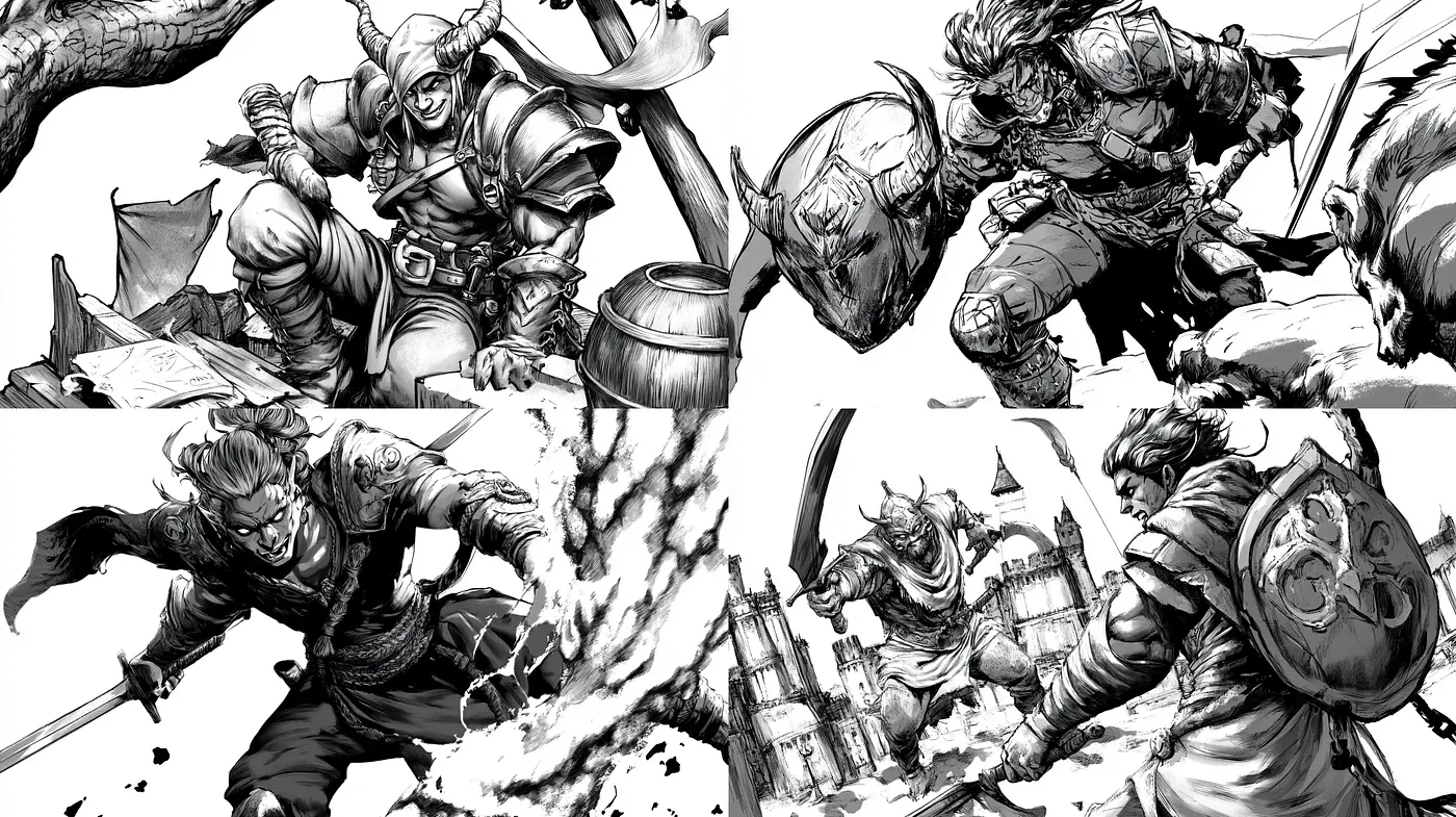 Monochromatic Dynamism in Fantastical Battle Scenes - Midjourney sref style