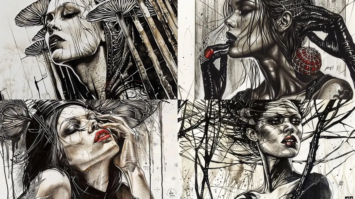 Intricate Illustrative Style with a Dark, Ethereal Mood - Midjourney sref style