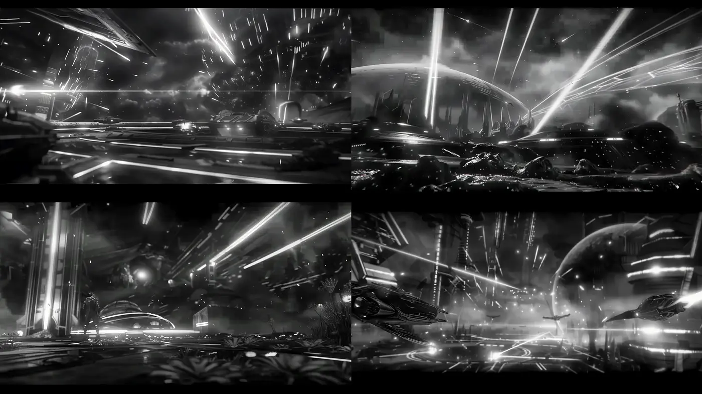 Futuristic Noir Panorama: A Homage to Monochromatic Sci-Fi Dreamscapes - Midjourney sref style