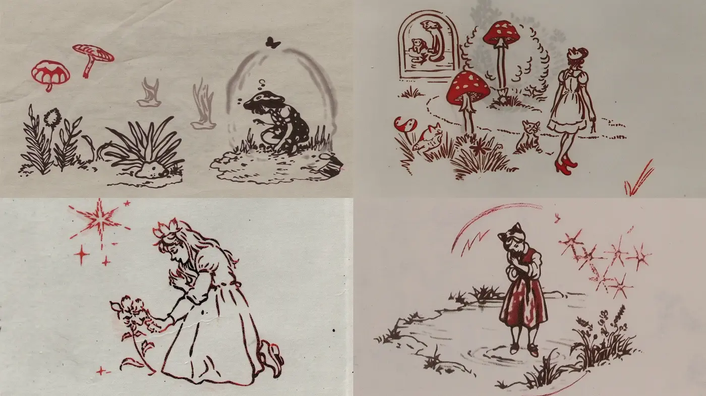Whimsical Red Ink Illustrations on Parchment - Midjourney sref style