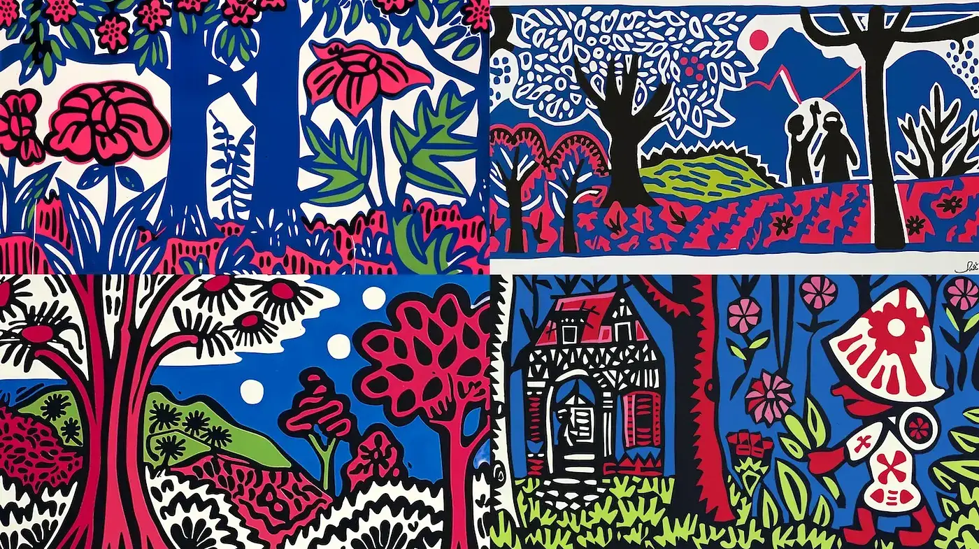 Folkloric Tapestry of Nature: A Bold Graphic Exploration - Midjourney sref style