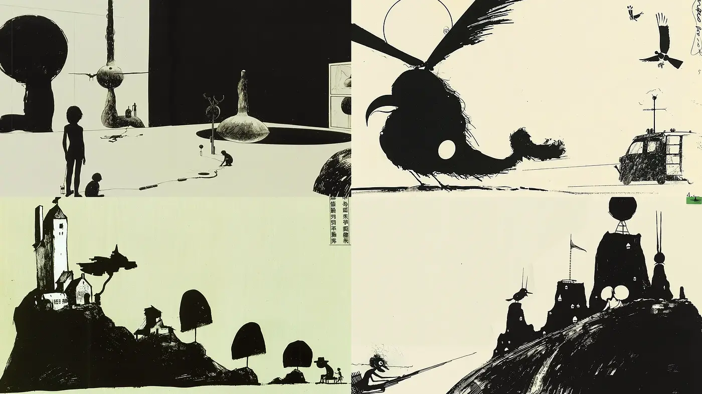 Monochromatic Dreamscape: A Whimsical Journey in Ink - Midjourney sref style