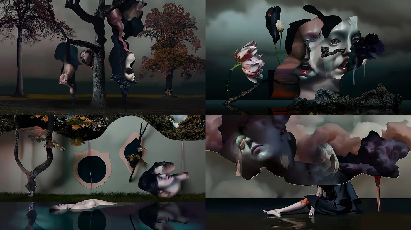 Surrealist Dreamscape: A Melding of Ethereal Forms and Tenebrous Tones - Midjourney sref style