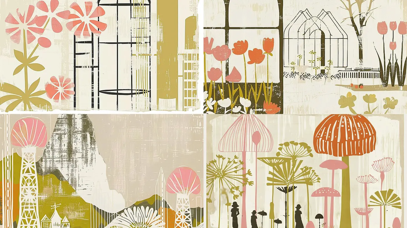 Whimsically Stylized Nature and Architecture Collage - Midjourney sref style
