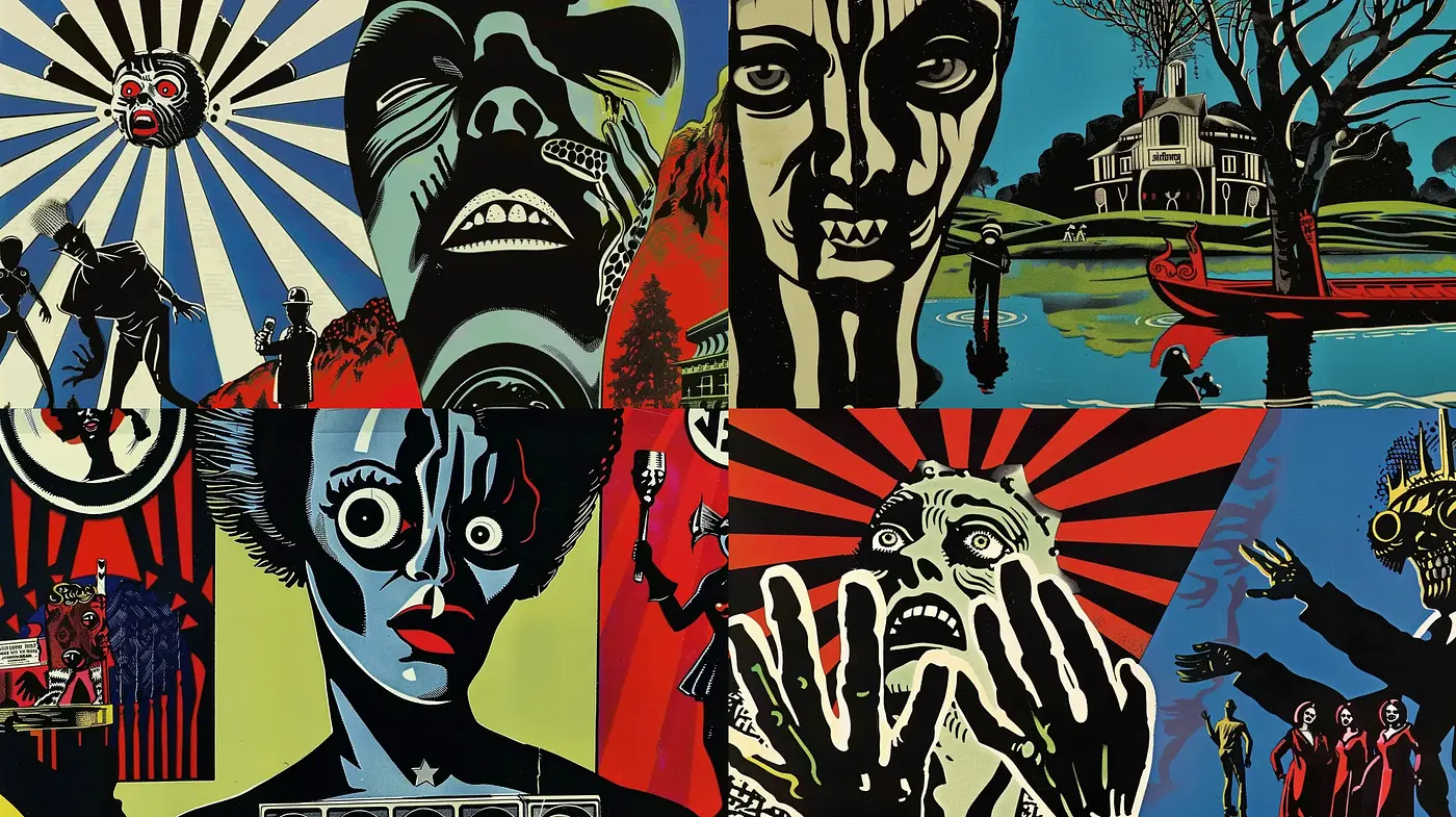 Surreal Contrasts and Pop Art Fusion with a Sinister Undertone - Midjourney sref style