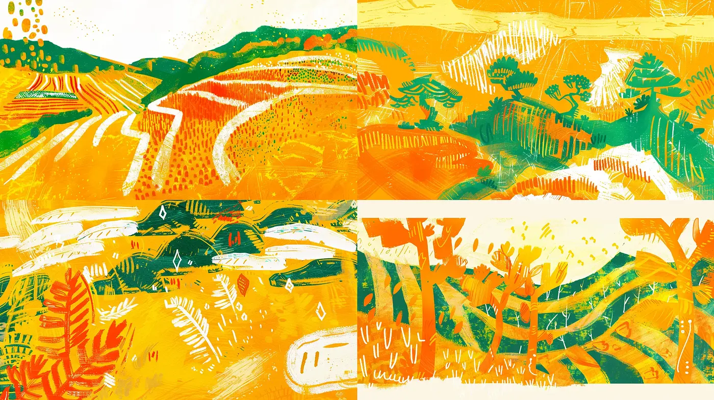 Sunny Harvest Hues: Abstract Expressionism Meets Lively Woodcut Aesthetics - Midjourney sref style